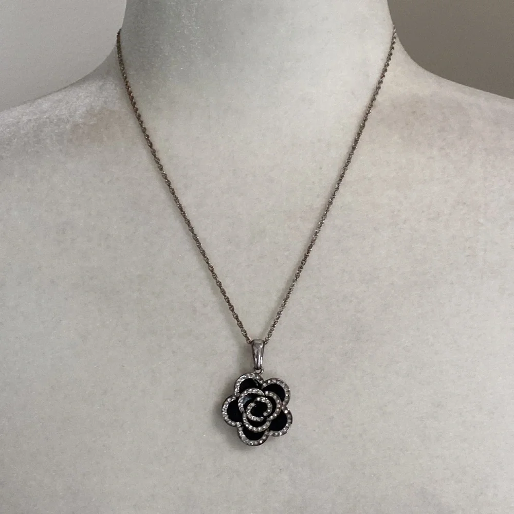 Black Camellias Flower Luxury Style Crystal Accents Necklace - Picture 5 of 11